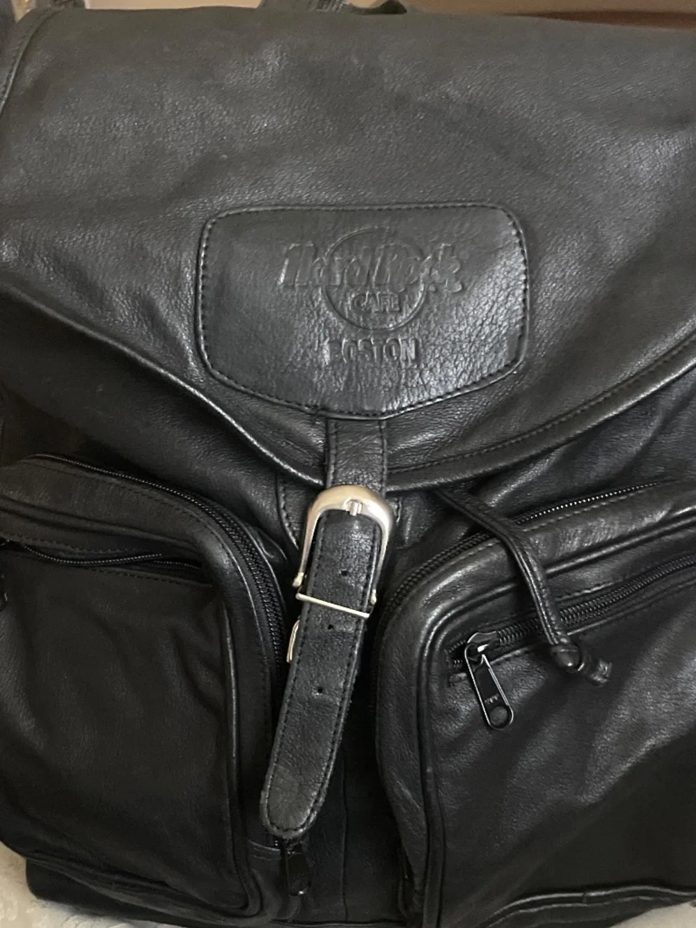 Vintage 90s Hard Rock Cafe Black Embossed Leather Boston Rucksack Backpack